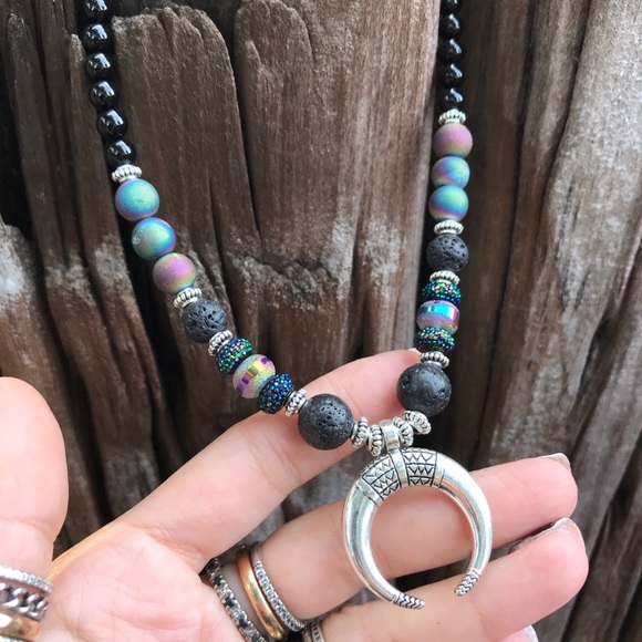 Moon bead necklace . Genuine Onyx , black lava rock druzy quartz silver choker - Picture 2 of 11